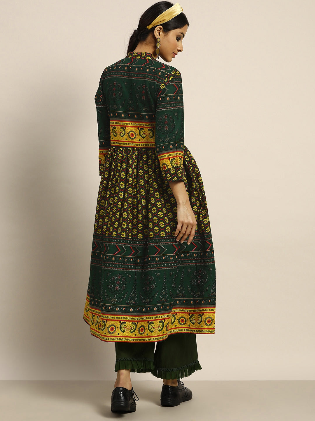 Sangria Women Green & Yellow Pure Cotton Ethnic Motifs Printed A-Line Kurta - Distacart