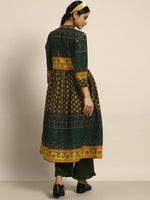 Thumbnail for Sangria Women Green & Yellow Pure Cotton Ethnic Motifs Printed A-Line Kurta - Distacart