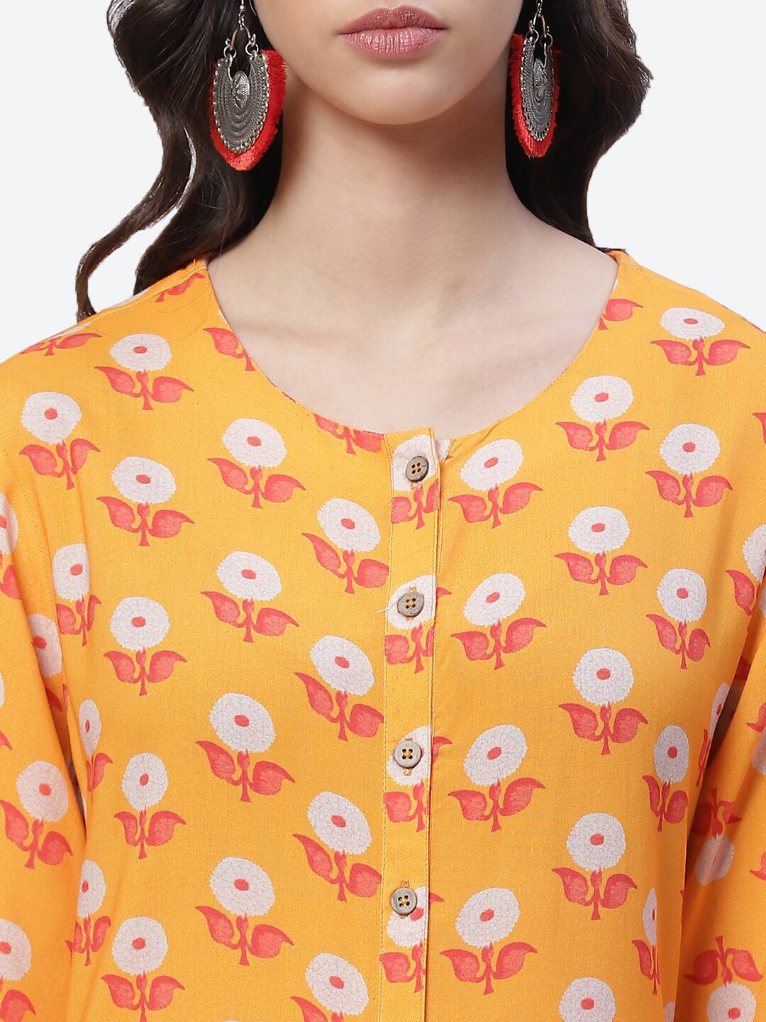 Biba Women Yellow Floral Printed Panelled Kurta with Trousers - Distacart