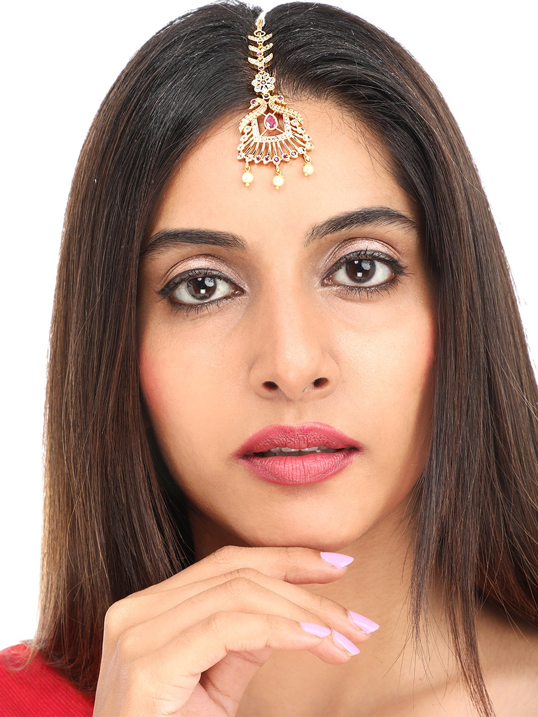 Yellow Chimes Women Gold -Toned Pink & White American Diamond Studded Handcrafted Maang Tikka - Distacart