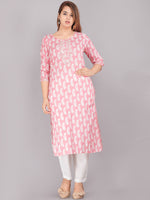 Thumbnail for Kalini Women Pink & White Ethnic Motifs Printed Thread Work Floral Kurta - Distacart