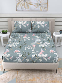 Thumbnail for DREAM WEAVERZ Grey & White Floral 220 TC Queen Bedsheet with 2 Pillow Covers - Distacart