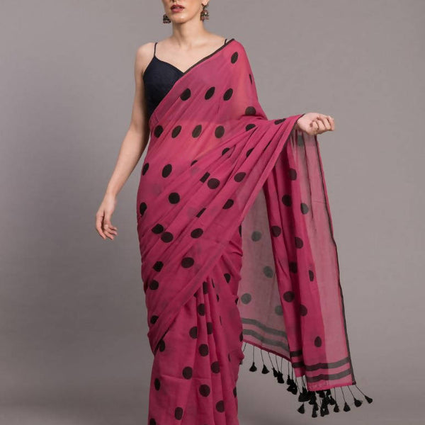 Suta Pink Black Polka Printed Pure Cotton Saree - Distacart