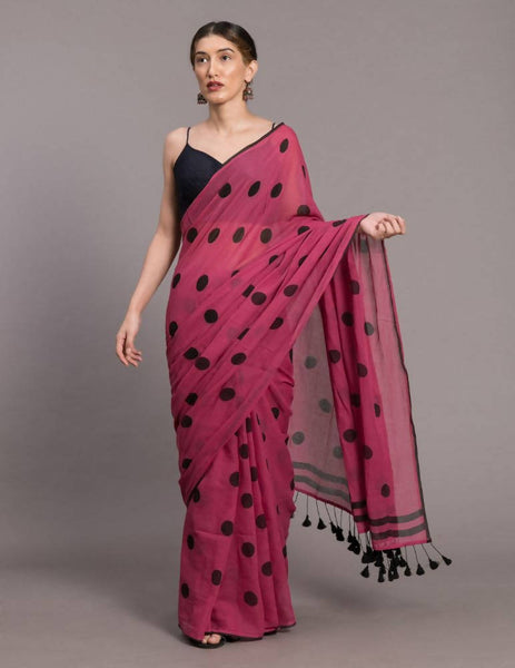 Suta Pink Black Polka Printed Pure Cotton Saree - Distacart