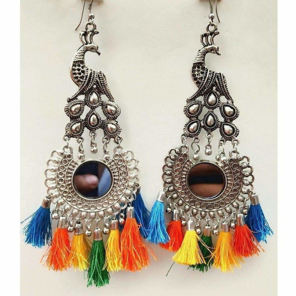 Peacock Design Mirror Chandbali Silk Thread Party Wear Earrings