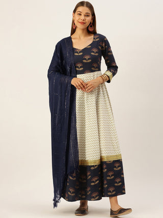 HERE&NOW Women Blue & Cream-Coloured Ethnic Motifs Printed Anarkali Kurta With Dupatta - Distacart
