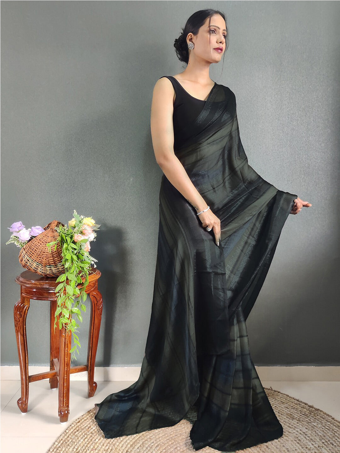 Mitera Striped Zari Poly Georgette Ready to Wear Saree - Distacart