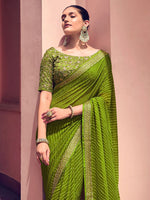 Thumbnail for Mitera Green & White Leheriya Printed Embroidered Poly Georgette Leheriya Saree - Distacart