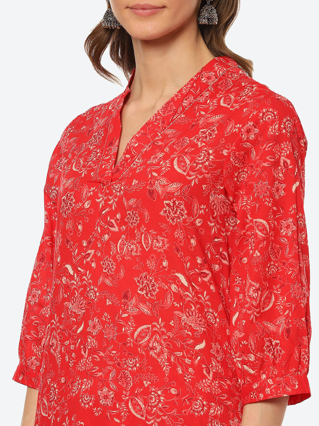 Biba Women Red Floral Printed Kurta with Trousers - Distacart