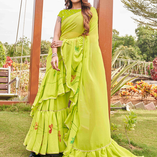Tikhi Imli Printed Ruffle Saree With Mirror Embroidered Work Blouse - Distacart
