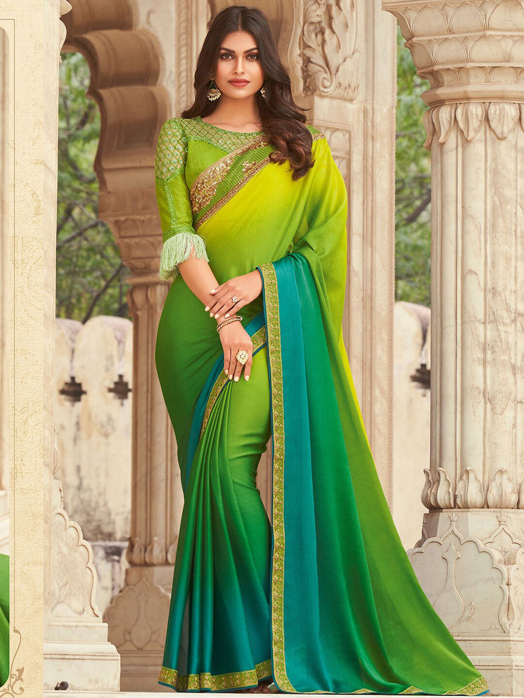 Mitera Green & Yellow Ombre Dyed Sequinned Poly Chiffon Saree - Distacart