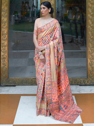 Mitera Peach-Coloured & Blue Woven Design Silk Blend Banarasi Saree - Distacart