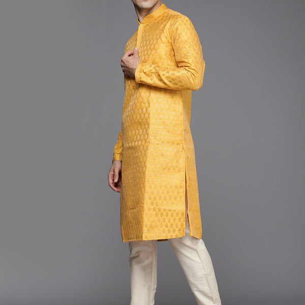 Manyavar Men Mustard Yellow Woven Design Kurta with Churidar - Distacart