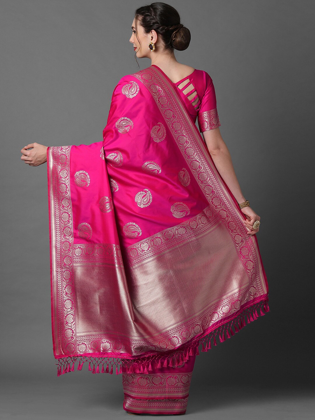Mitera Pink & Silver-Toned Paisley Zari Silk Blend Banarasi Saree - Distacart