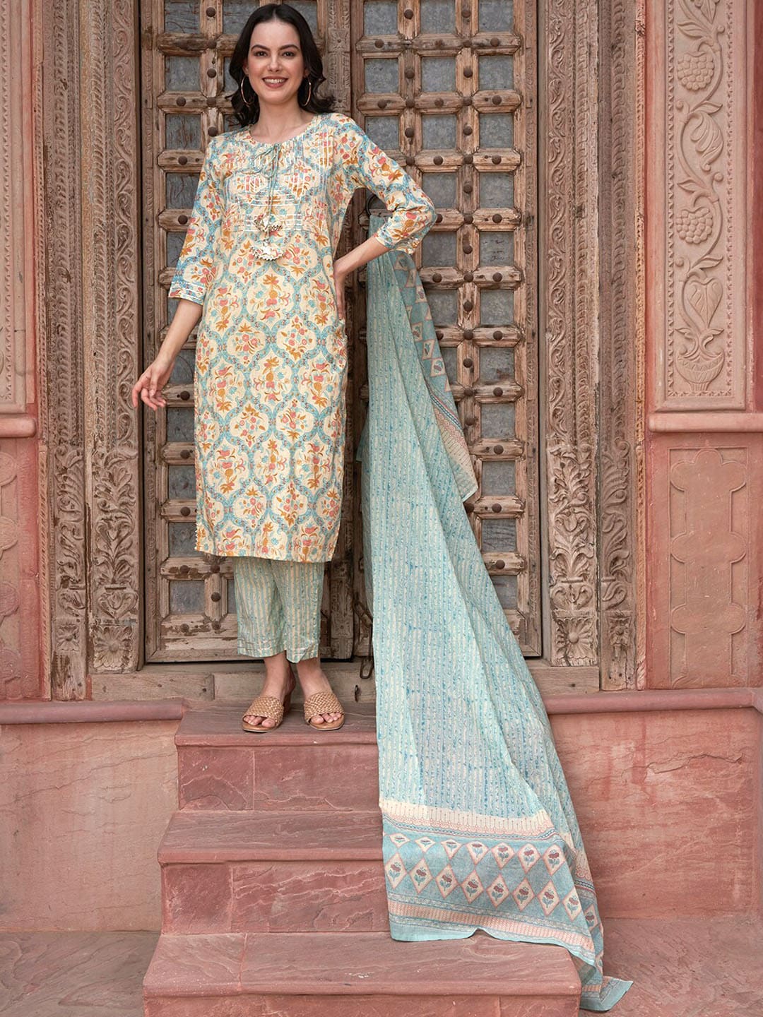 Sangria Orange Floral Printed Cotton Straight Kurta with Trousers & Dupatta - Distacart