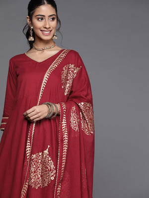 Libas Maroon Angrakha Pure Cotton Kurta with Palazzos & With Dupatta - Distacart
