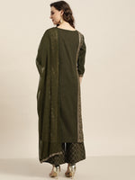 Thumbnail for Sangria Women Olive Green & Golden Printed Kurta with Palazzos & Dupatta - Distacart