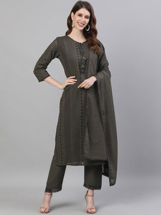 Ishin Women Olive Green Self Design Kurta with Trousers & Dupatta - Distacart