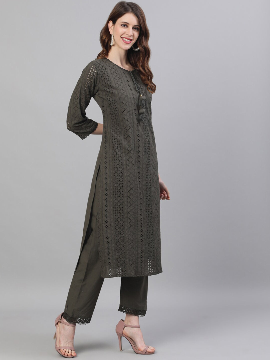Ishin Women Olive Green Self Design Kurta with Trousers & Dupatta - Distacart