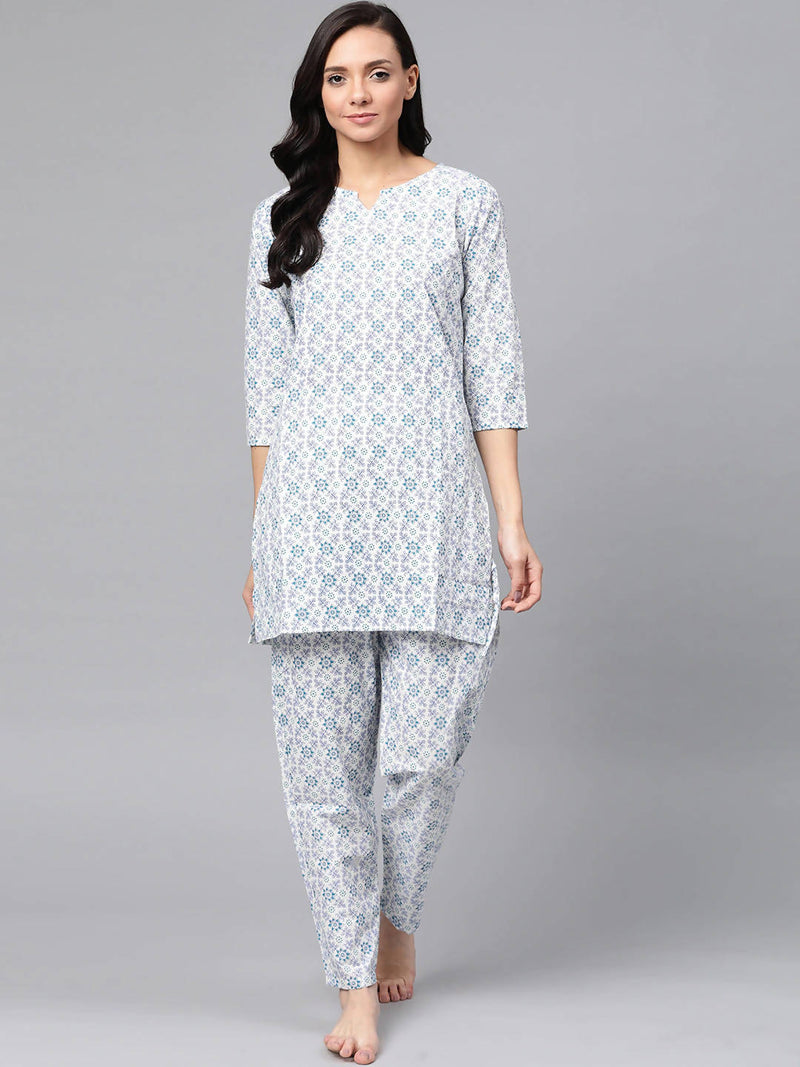 Anubhutee White &amp; Blue Pure Cotton Printed Night suit - Distacart