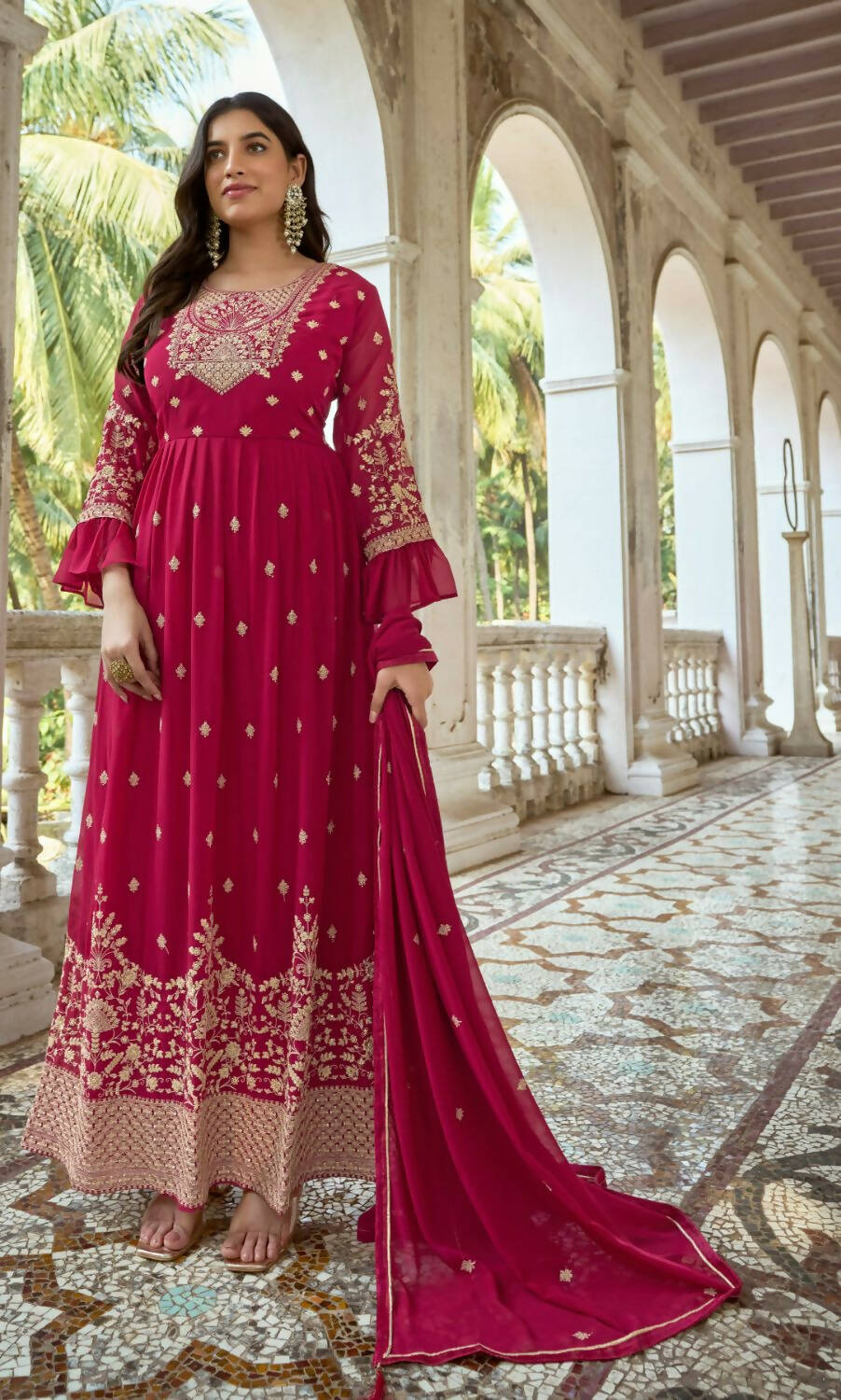Pink Heavy Faux Georgette Anarkali Embroidered Kurta Set - Dhvani - Distacart