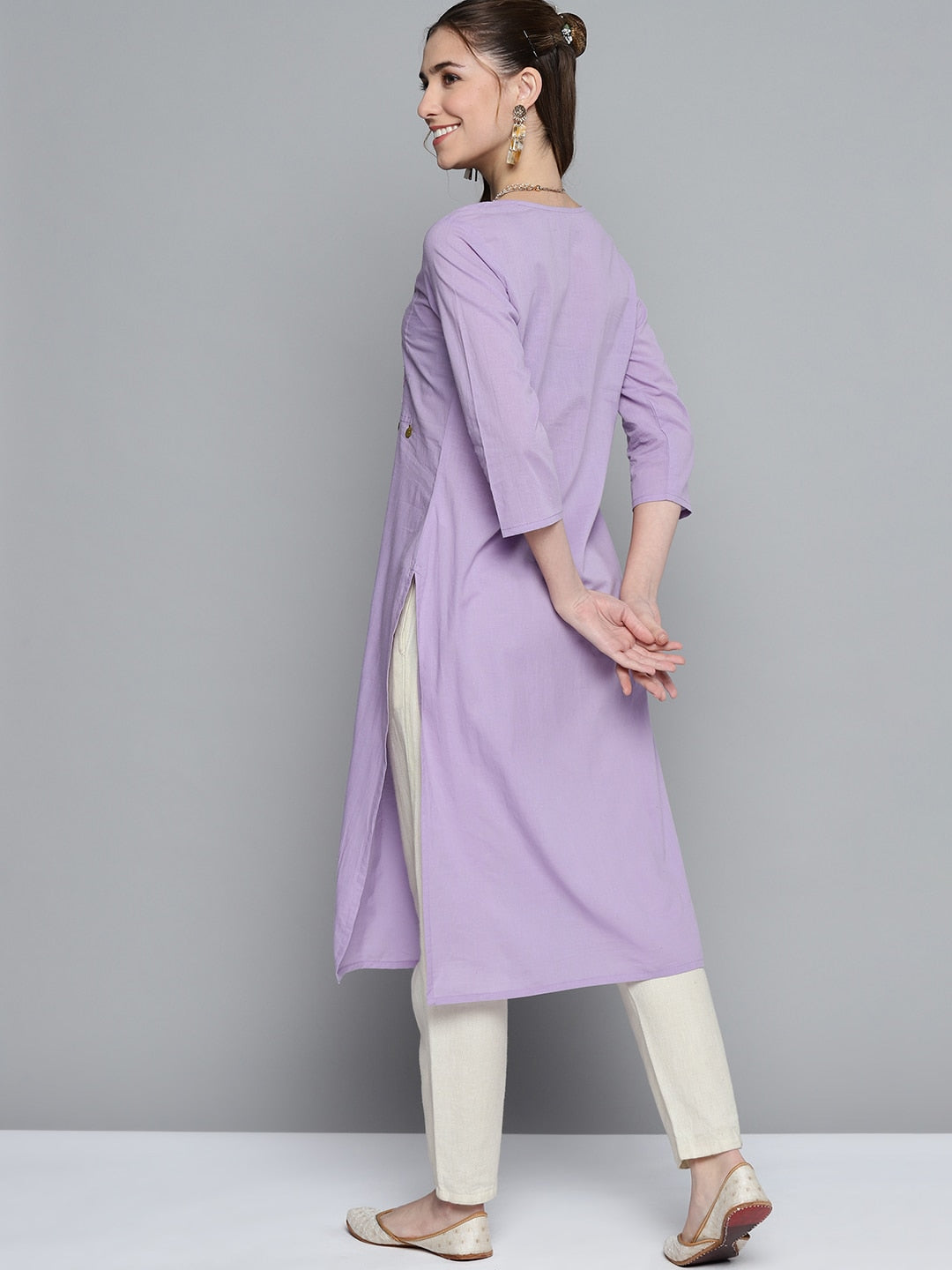 HERE&NOW Women Lavender Yoke Design Pure Cotton Thread Work Straight Kurta - Distacart