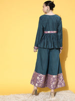 Thumbnail for InWeave Women's Teal Mauve Brocade Mughal Shaan Kurta Palazzo Set - Distacart