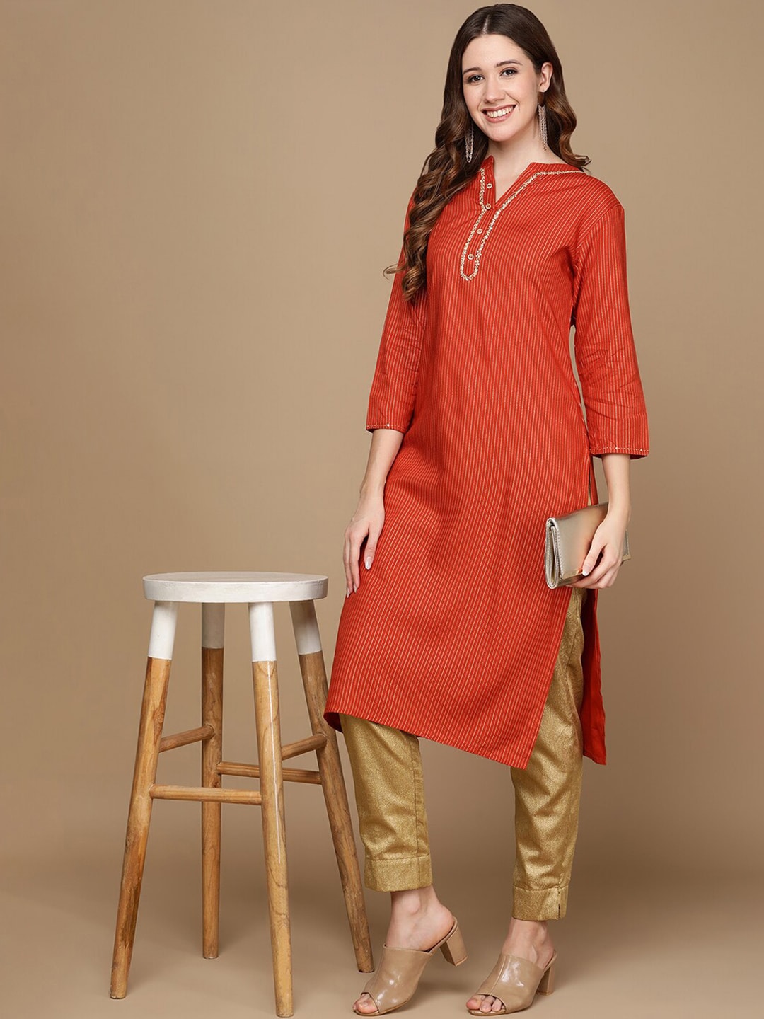 HERE&NOW Orange & Gold-Toned Mandarin Collar Striped Sequined Straight Kurta - Distacart
