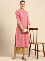 Thumbnail for Sangria Women Peach-Coloured & White Striped Mandarin Collar Kurta - Distacart