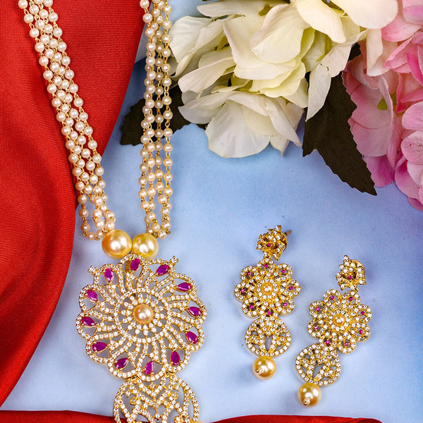 Saraf RS Jewellery Gold-Plated White & Pink American Diamond Studded & Beaded Handcrafted Set - Distacart