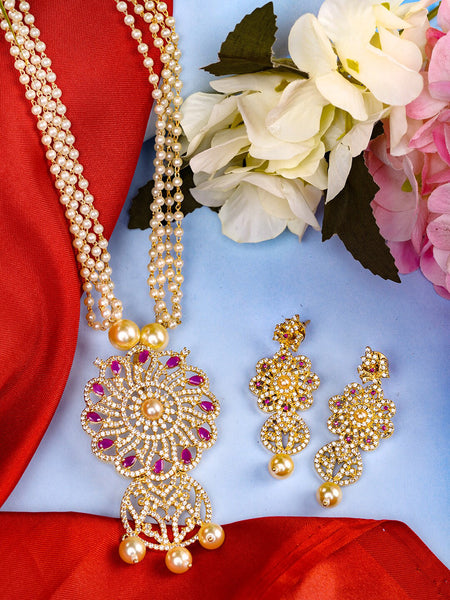 Saraf RS Jewellery Gold-Plated White & Pink American Diamond Studded & Beaded Handcrafted Set - Distacart