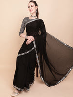 Thumbnail for Sangria Black & Silver-Toned Sequinned Pure Georgette Celebrity Saree - Distacart