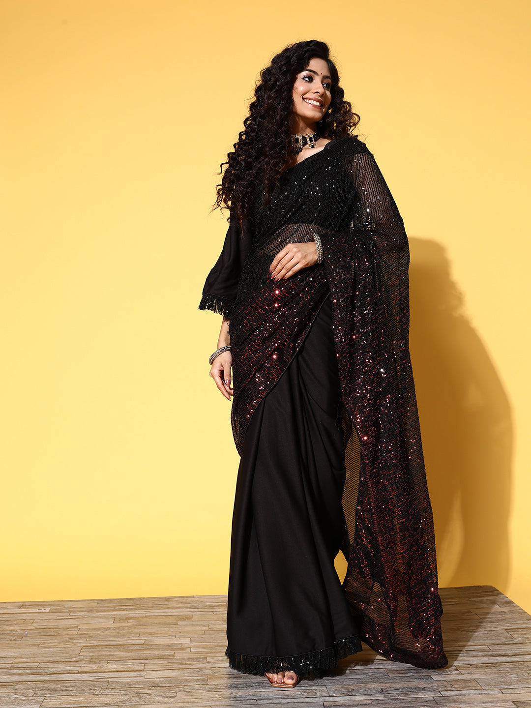 Tikhi Imli Woman Embellished Sequinned Satin Saree - Distacart