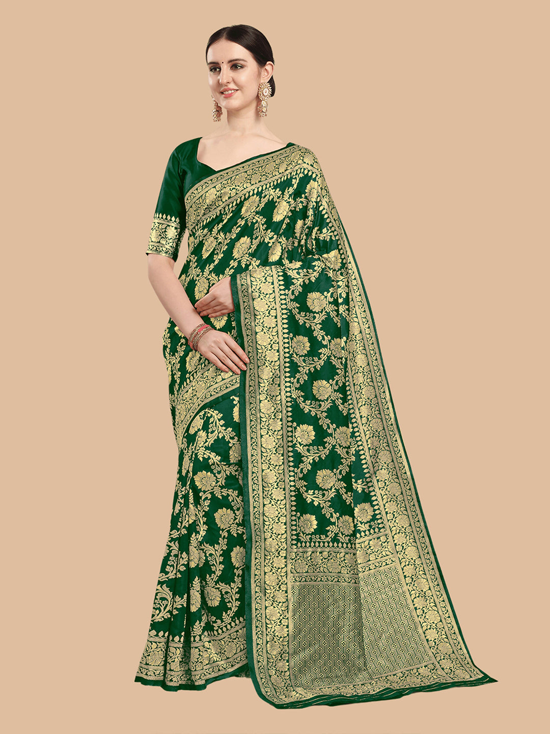 Kalini Green & Gold-Toned Woven Design Silk Blend Banarasi Saree - Distacart