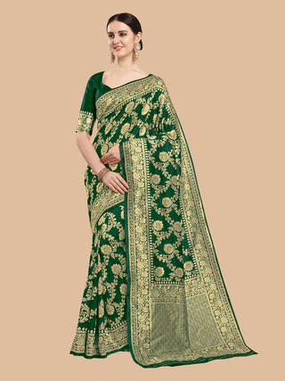 Kalini Green & Gold-Toned Woven Design Silk Blend Banarasi Saree - Distacart