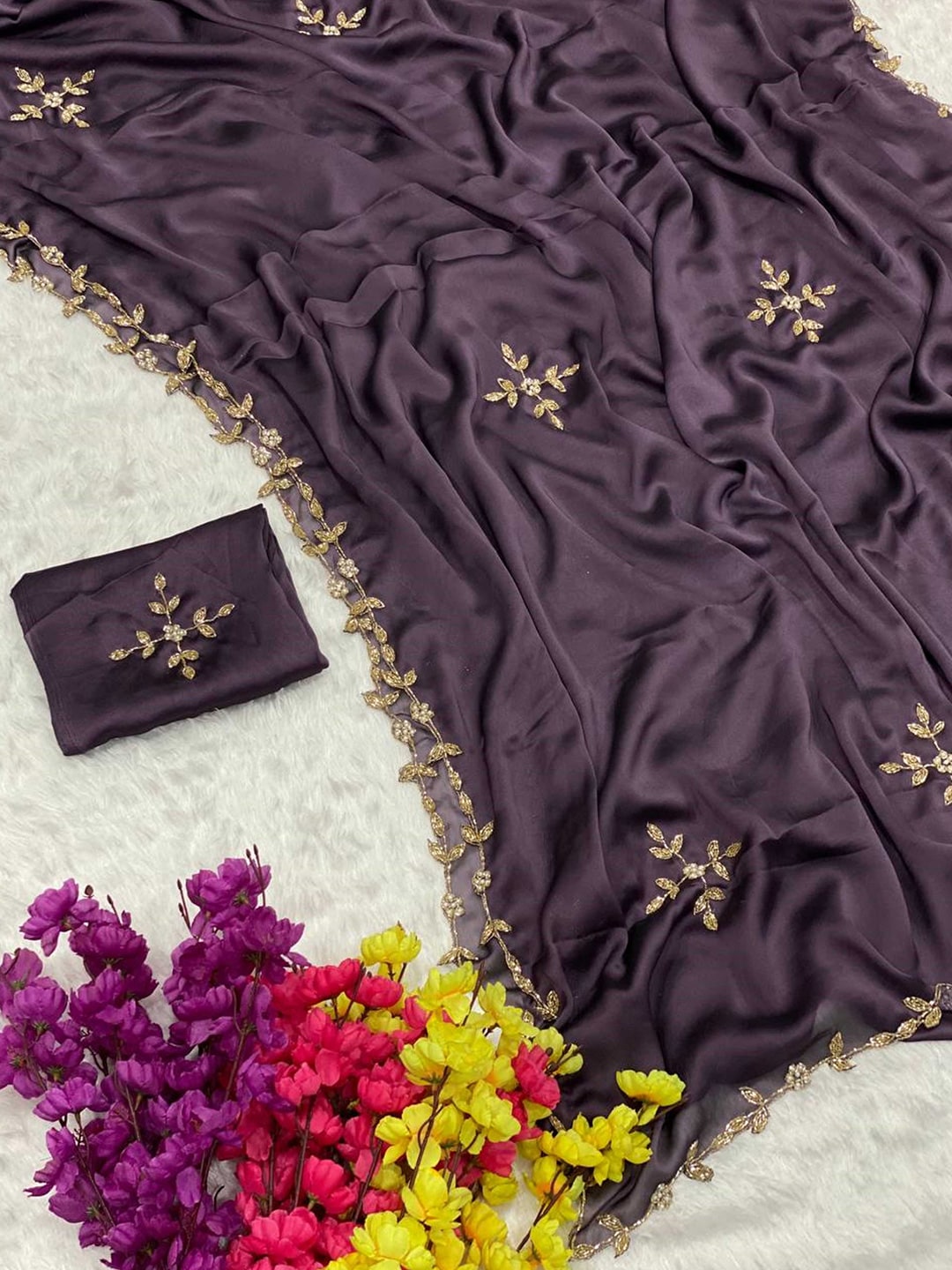 Mitera Lavender & Gold-Toned Embellished Embroidered Saree - Distacart