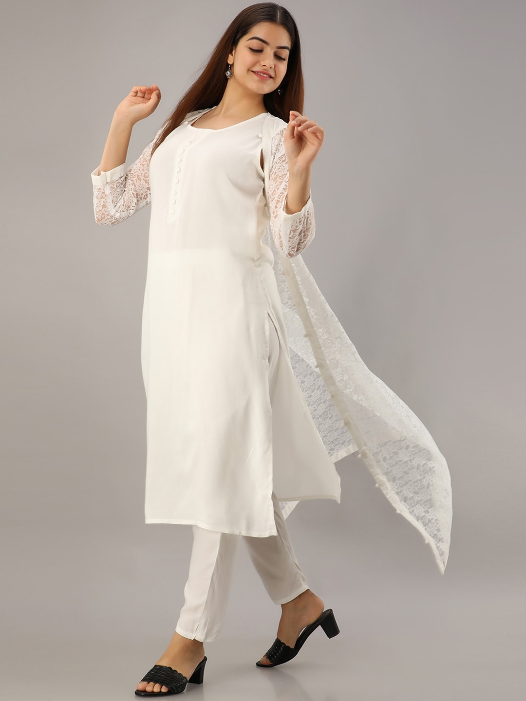 Kalini Women White Kurta with Trousers & With Dupatta - Distacart
