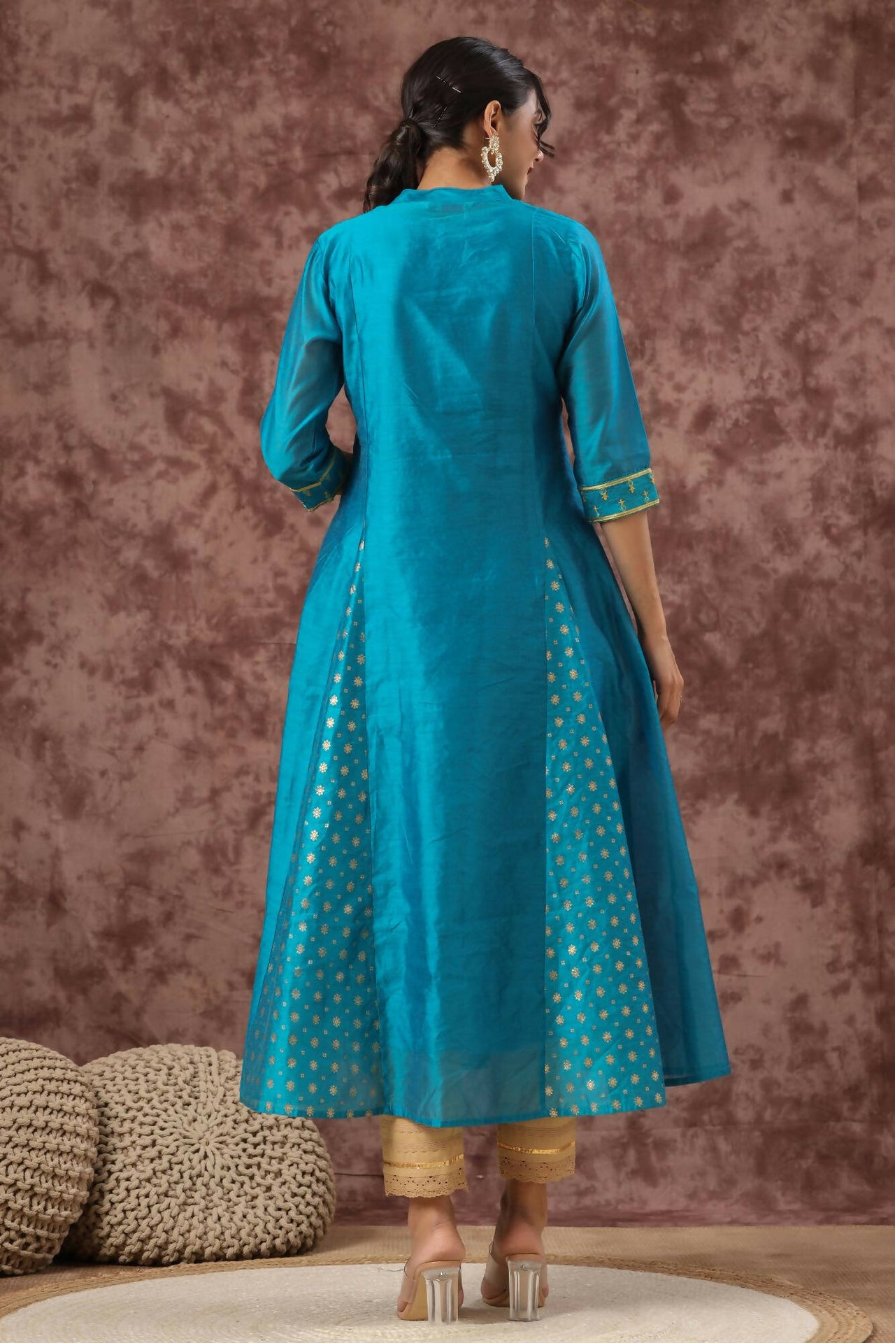 Juniper Women Teal Chanderi Silk Embroidered & Printed Anarkali Kurta - Distacart