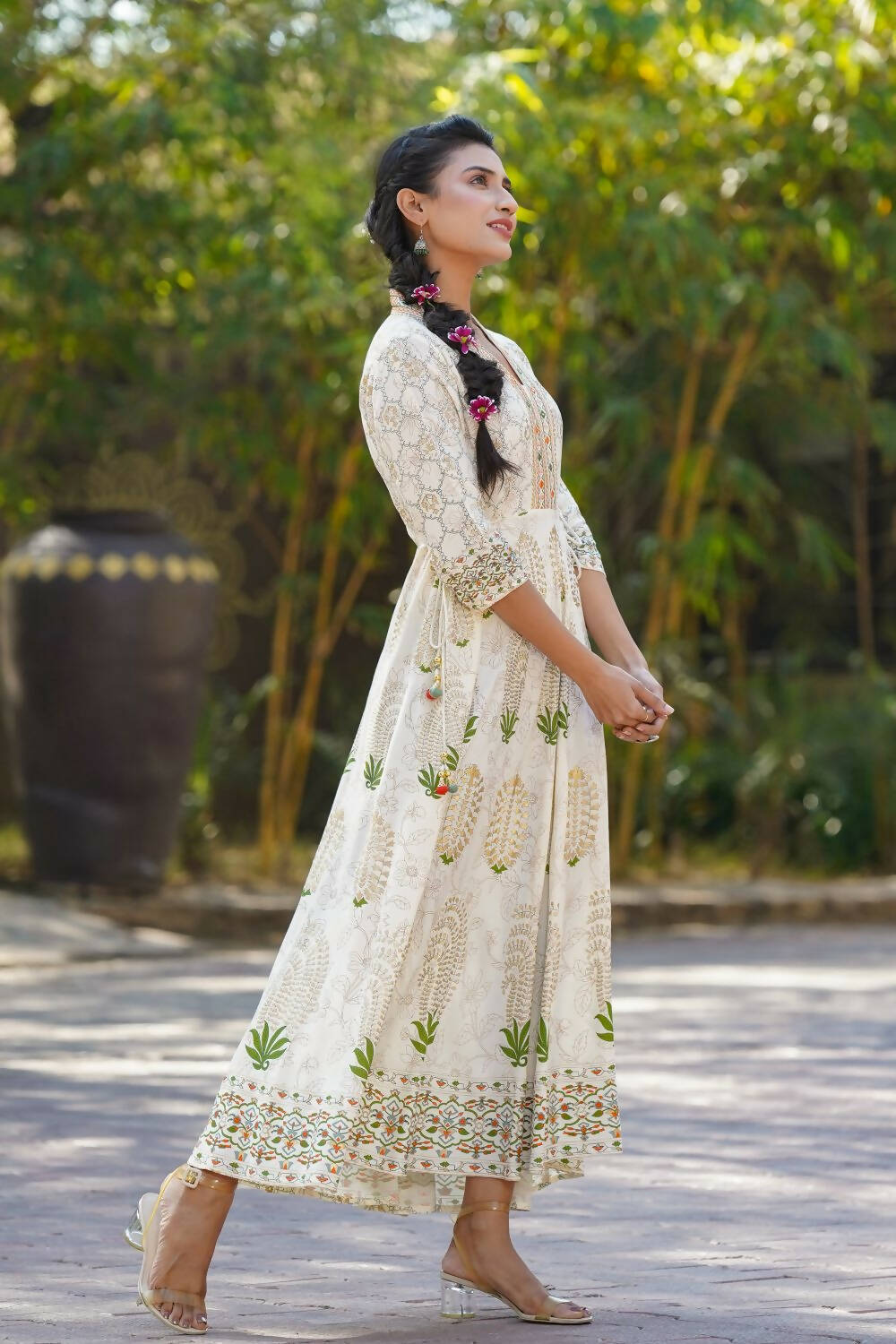 Juniper Womens Ivory Rayon Foil Printed Circular Maxi Dress With Mirror Embroidery - Distacart