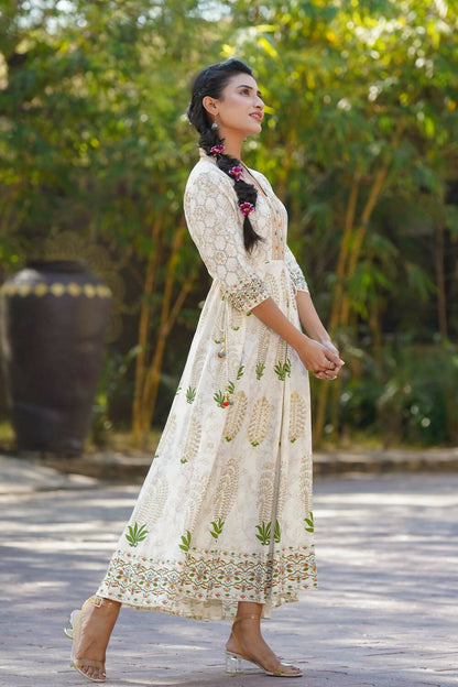 Juniper Womens Ivory Rayon Foil Printed Circular Maxi Dress With Mirror Embroidery - Distacart