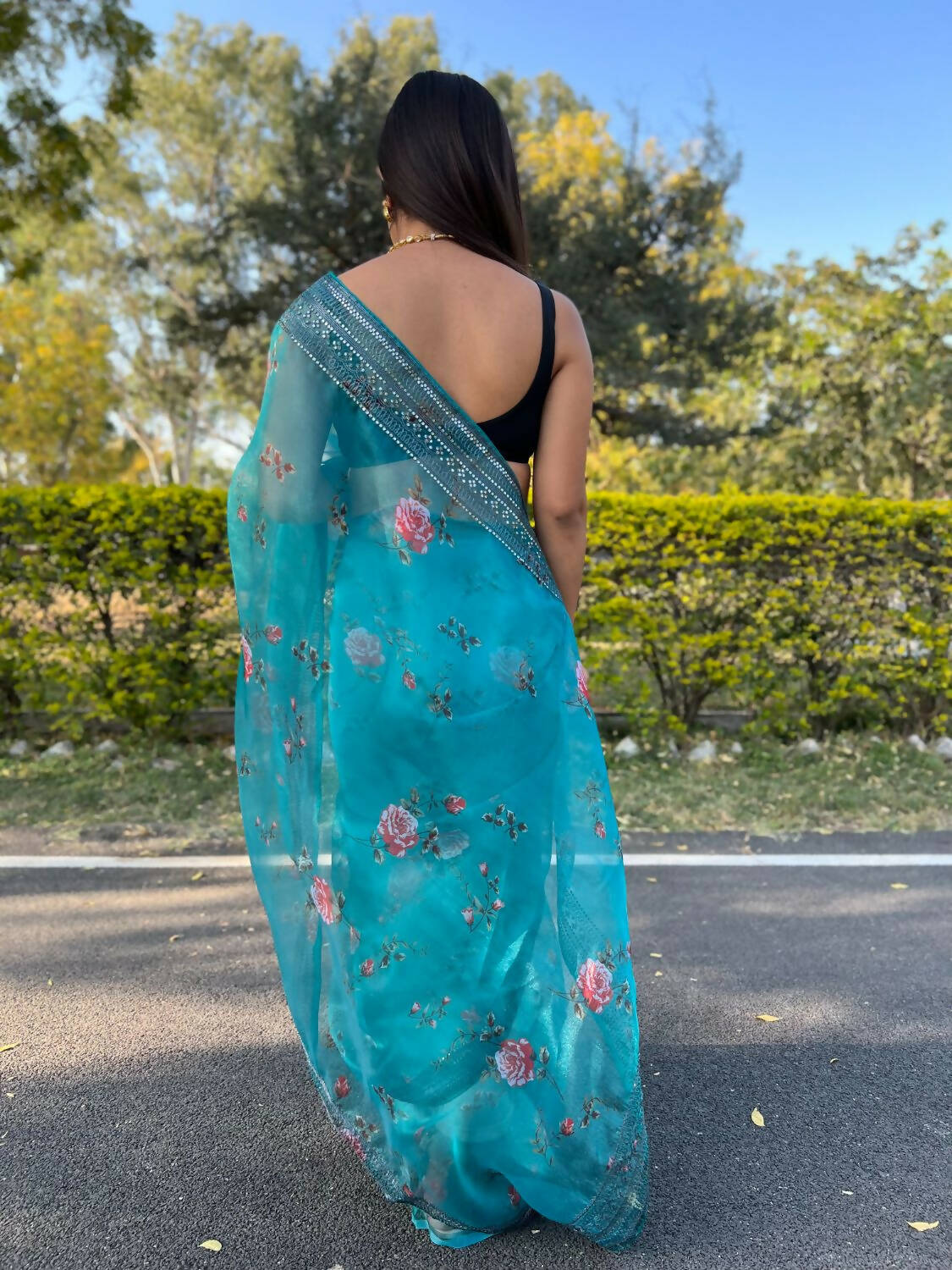 Vamsee Sky Blue Organza Saree - Distacart