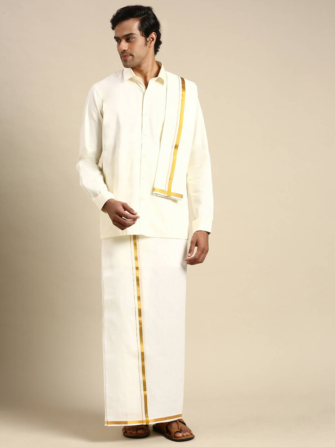 Ramraj Cotton Premium Wedding Cream Regular Dhoti, Shirt & Towel Set Golden Reward - Distacart