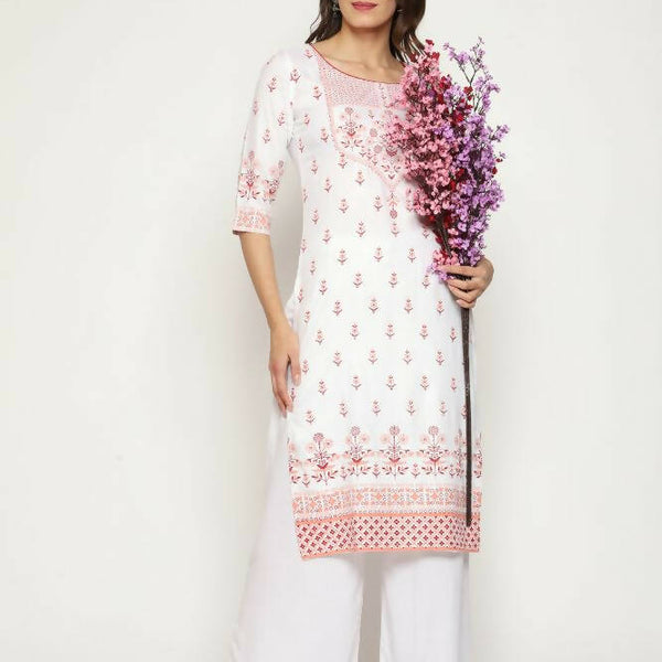 Maai Rayon Hand Printed Kurta Off-White - Distacart