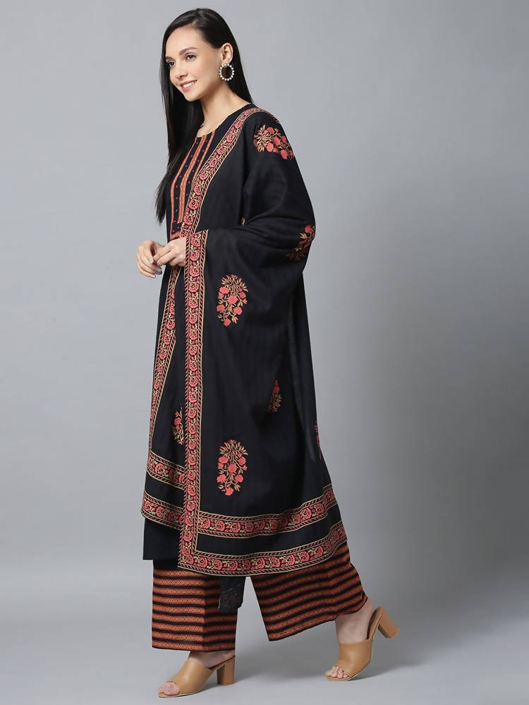 Yufta Women Black & Pink Yoke Design Kurta with Palazzo & Dupatta