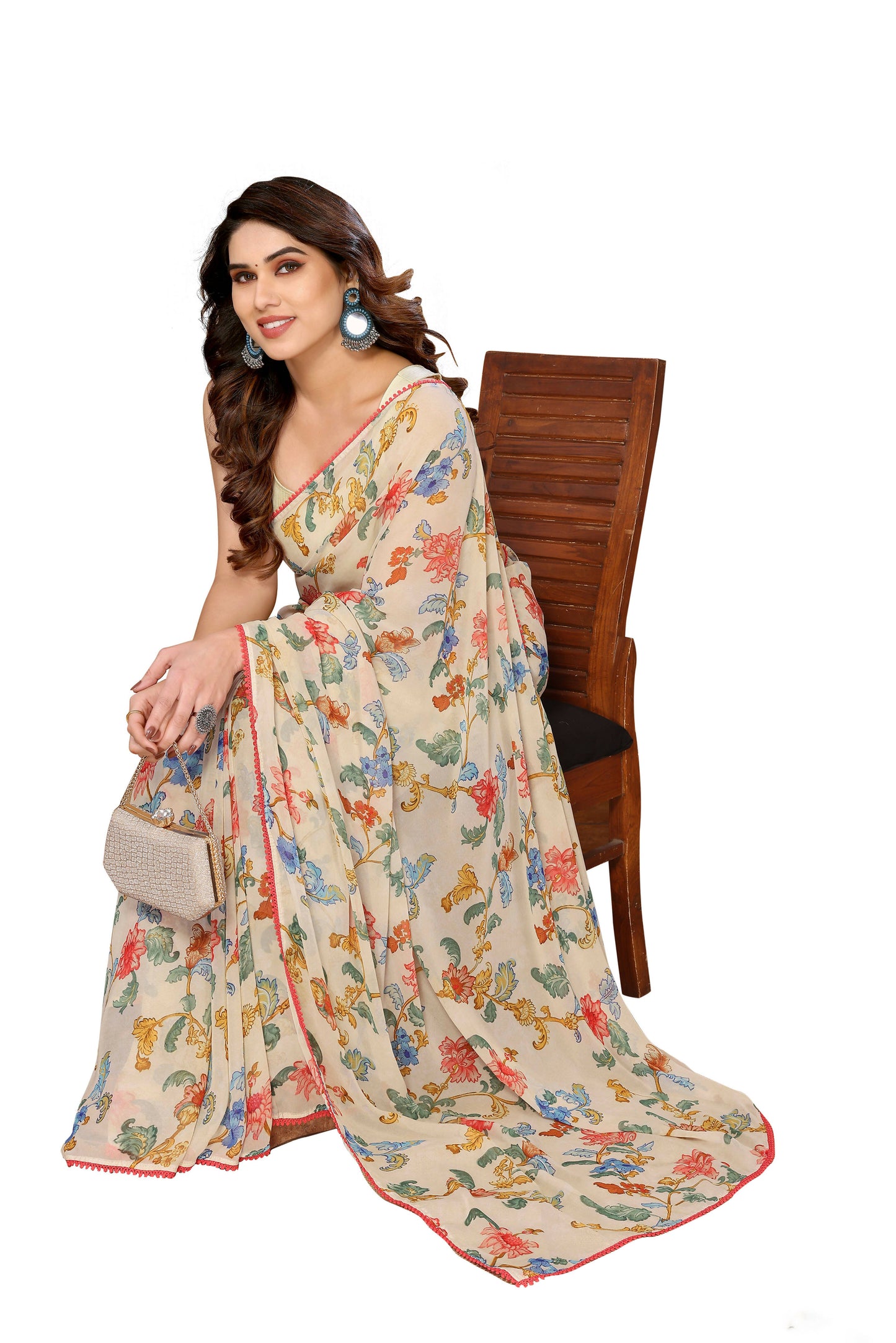 Women's Partywear Designer Off white Georgette Fancy Saree - Satrangi - Distacart