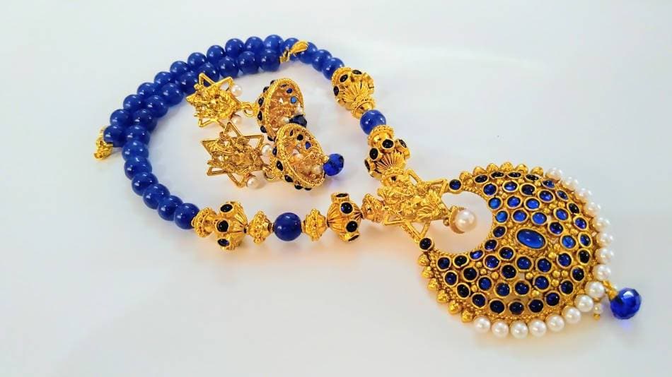Blue Kemp Ganesha Beaded Necklace Set