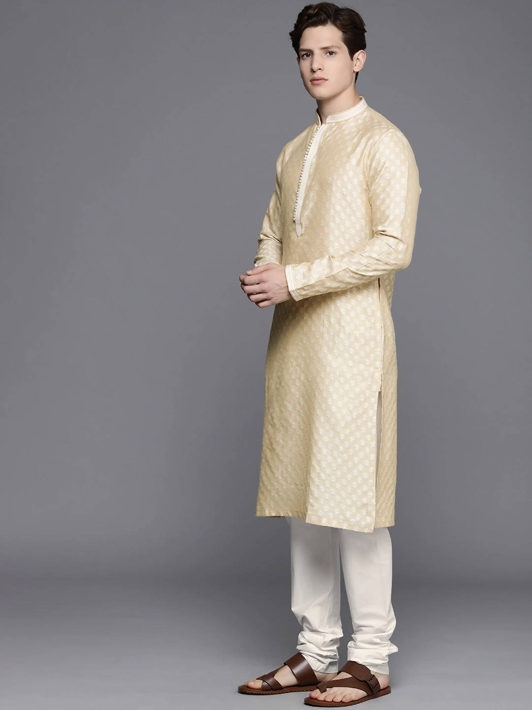 Manyavar Men Beige Ethnic Motifs Regular Thread Work Art Silk Jacquard Kurta with Churidar - Distacart