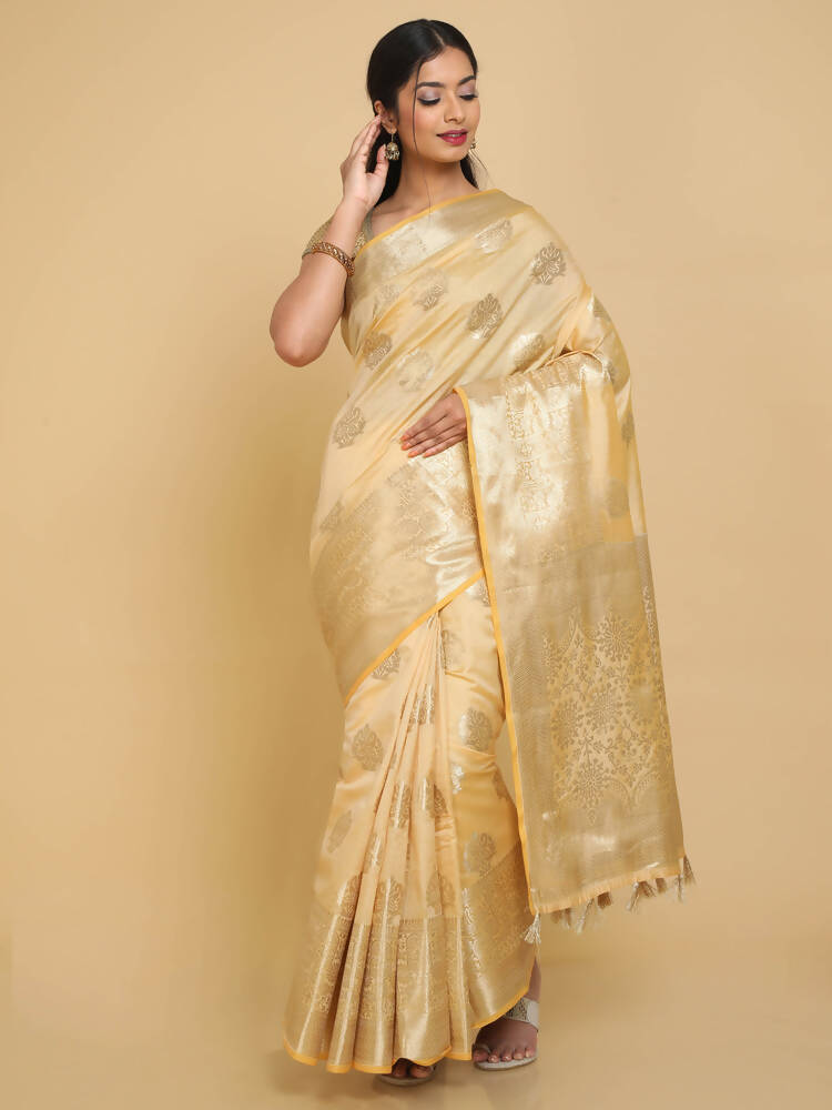 Kalamandir Floral Cream Silk Blend Saree