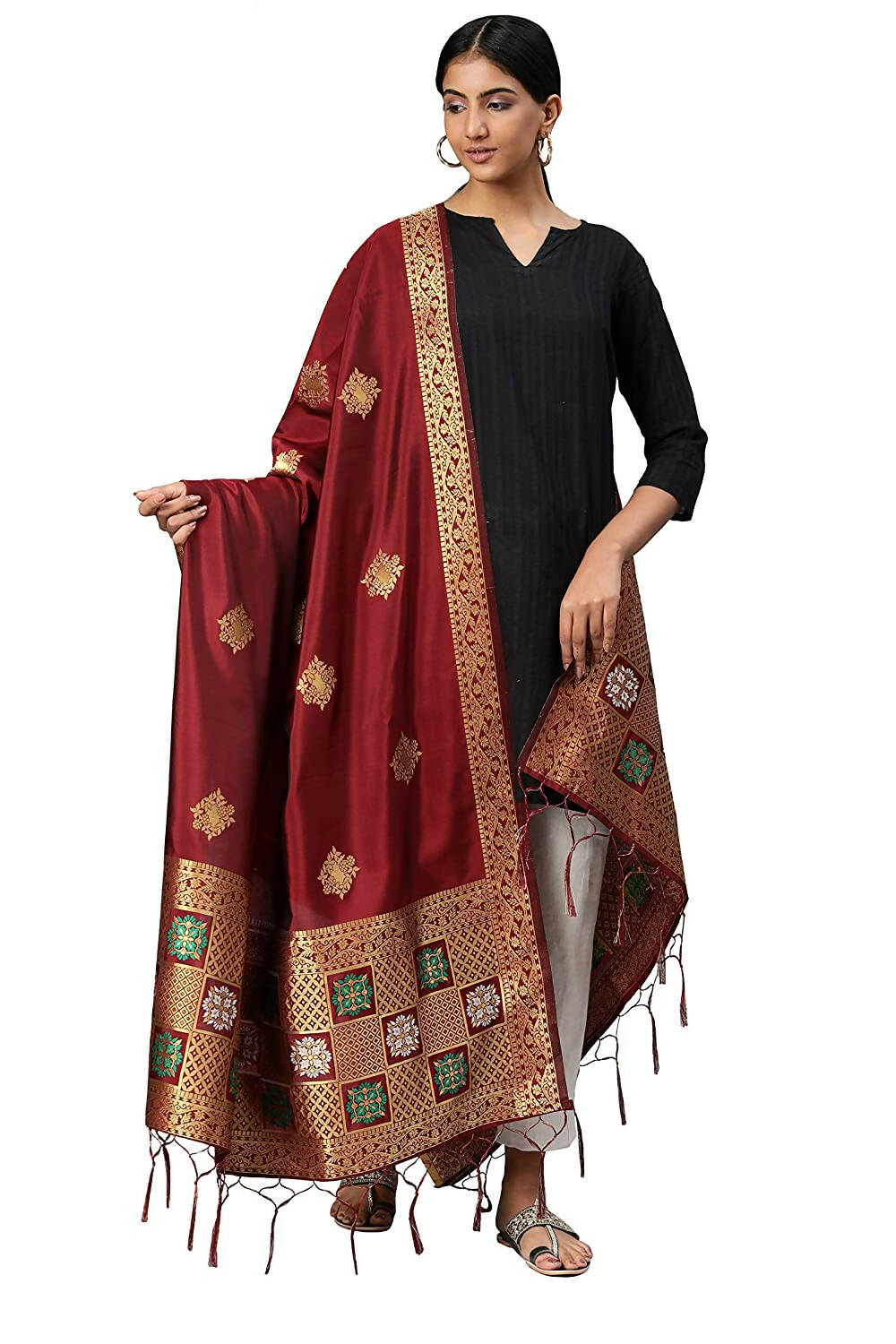 Mimosa Women's Maroon & Gold-Toned Woven Design Dupatta - Distacart