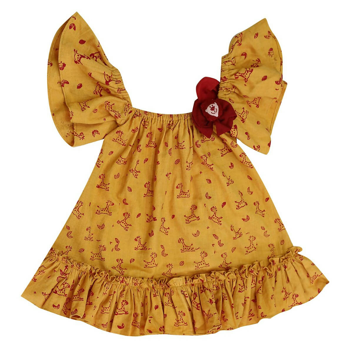 Mhyssa Half Frill Sleeves Square Neck Yellow Block Printed Frock - Distacart